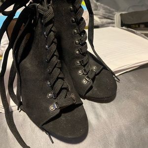 JustFab black heels with lace in the front and back